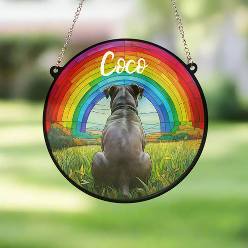 Staffordshire Bull Terrier Grey Rainbow Bridge Personalised Stained Glass Effect Suncatcher